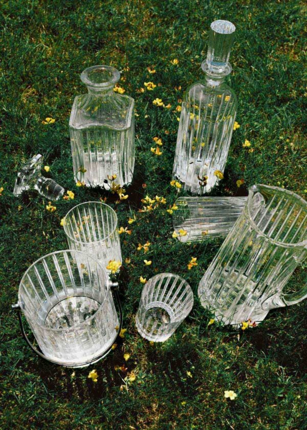 BACCARAT-1343300-1703341-1704365-2810595-1200w-100KB Baccarat Harmonie crystal barware, including a pitcher, decanters, tumblers, ice bucket, and cocktail shaker, displayed on grass among wildflowers, showcasing the collection's signature vertical cuts and contemporary design. | Kneen & Co.