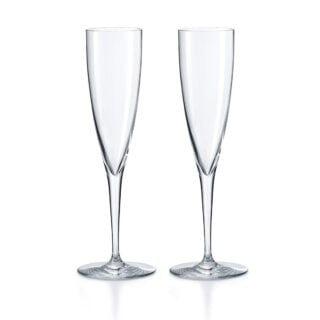 Baccarat Dom Pérignon Flutes, Set of 2, handcrafted in clear French crystal with tall, slender bowls designed to enhance Champagne and sparkling wines | Kneen & Co