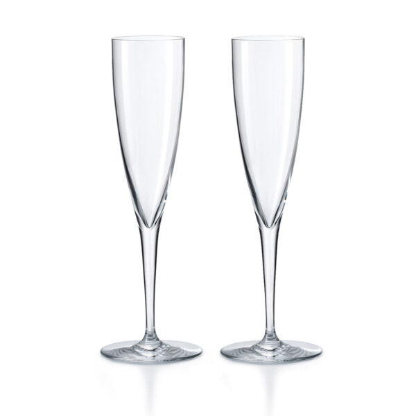 Baccarat Dom Pérignon Flutes, Set of 2, handcrafted in clear French crystal with tall, slender bowls designed to enhance Champagne and sparkling wines | Kneen & Co