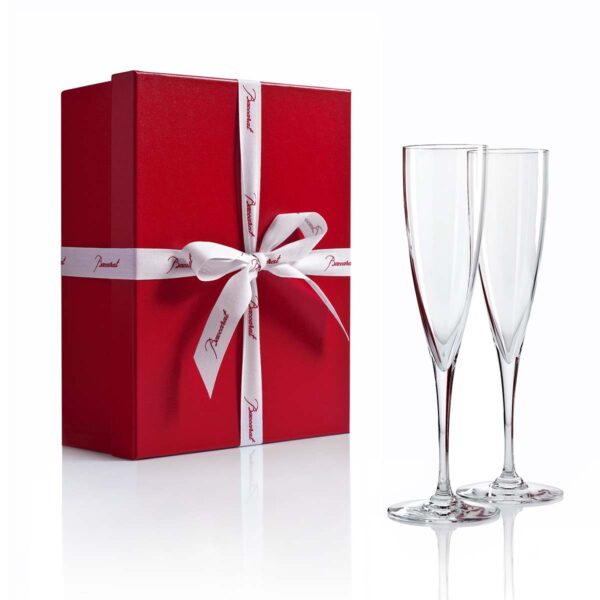 Baccarat Dom Pérignon Flutes, Set of 2, presented in the signature Baccarat red gift box, featuring handcrafted French crystal champagne flutes for elegant gifting and celebrations | Kneen & Co