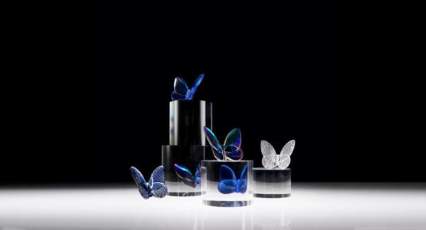 BACCARAT-2102546-2814726-Lifestyle-1200w-100KB A collection of Baccarat Lucky Butterfly crystal sculptures in blue, iridescent, and clear crystal displayed on sculptural black and clear acrylic pedestals, highlighting Evelyne Julienne's graceful butterfly design and Baccarat's exceptional French crystal craftsmanship | Kneen & Co