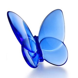 Baccarat Lucky Butterfly Blue handcrafted in blue French crystal, featuring delicately sculpted wings designed by Evelyne Julienne | Kneen & Co