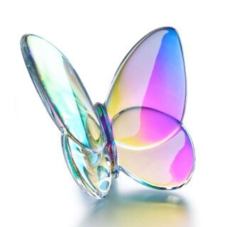 Baccarat Lucky Butterfly Iridescent Clear handcrafted in clear French crystal with a luminous iridescent finish, featuring delicately sculpted wings that beautifully capture and reflect light | Kneen & Co