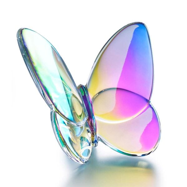 Baccarat Lucky Butterfly Iridescent Clear handcrafted in clear French crystal with a luminous iridescent finish, featuring delicately sculpted wings that beautifully capture and reflect light | Kneen & Co