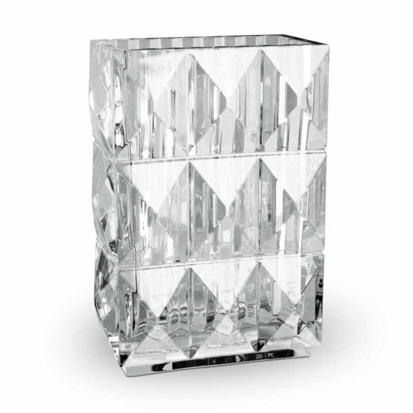 Baccarat Louxor Rectangular Vase handcrafted in clear French crystal with geometric diamond cuts and a sculptural rectangular silhouette inspired by Ancient Egyptian architecture | Kneen & Co