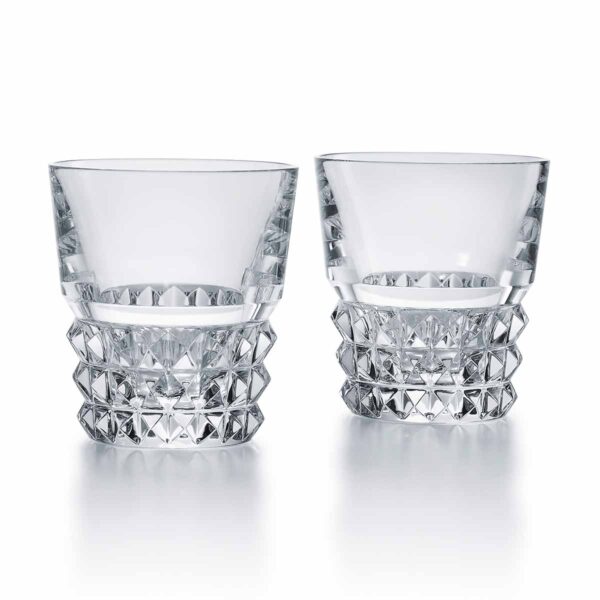 BACCARAT-2808649-White-Background-1200x1200-100KB Set of two Baccarat Louxor tumblers handcrafted in clear French crystal with geometric diamond cuts and sculptural faceted interiors | Kneen & Co