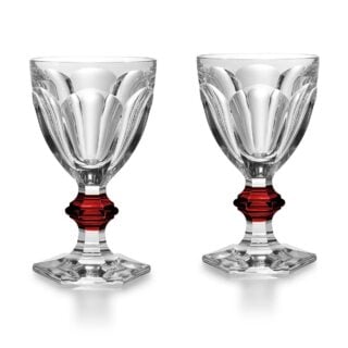 Baccarat Harcourt 1841 Glasses Red, Set of 2 handcrafted in red crystal with six flat-cut facets, a triple-knob stem, and signature hexagonal foot | Kneen & Co