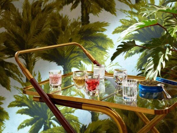 BACCARAT-2810874-Lifestyle-1200w-100KB Baccarat Everyday Les Minis crystal shot set displayed on a mirrored bar cart, featuring six miniature spirit glasses inspired by the House's iconic collections and filled with colorful cocktails and spirits | Kneen & Co