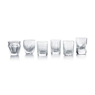Baccarat Everyday Les Minis crystal shot set featuring six miniature spirit glasses inspired by the Harmonie, Rohan, Parma, Orio, Talleyrand, and Masséna collections | Kneen & Co