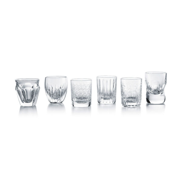 BACCARAT-2810874-White-Background-1-1200x1200-100KB Baccarat Everyday Les Minis crystal shot set featuring six miniature spirit glasses inspired by the Harmonie, Rohan, Parma, Orio, Talleyrand, and Masséna collections | Kneen & Co