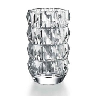 Baccarat Louxor Round Vase M in clear crystal featuring geometric diamond cuts designed by Thomas Bastide | Kneen & Co