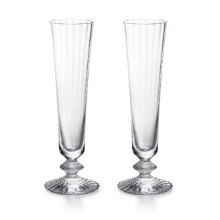 Baccarat Mille Nuits crystal champagne flutes, set of 2, featuring signature diamond-cut crystal stems and elongated bowls | Kneen & Co