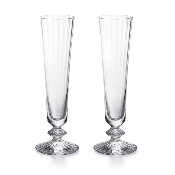 Baccarat Mille Nuits crystal champagne flutes, set of 2, featuring signature diamond-cut crystal stems and elongated bowls | Kneen & Co