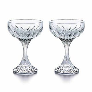Baccarat Masséna crystal champagne coupes, set of 2, featuring signature deep bevel cuts and sculptural crystal bowls | Kneen & Co