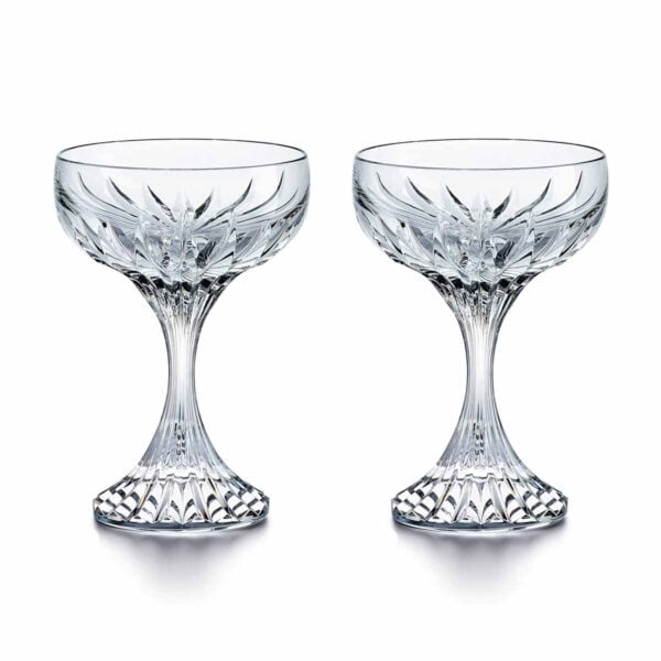 Baccarat Masséna crystal champagne coupes, set of 2, featuring signature deep bevel cuts and sculptural crystal bowls | Kneen & Co