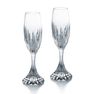 Shop Baccarat Masséna Flutes, Set of 2 at Kneen & Co. Crystal champagne flutes with signature deep bevel cuts by Georges Chevalier | Kneen & Co