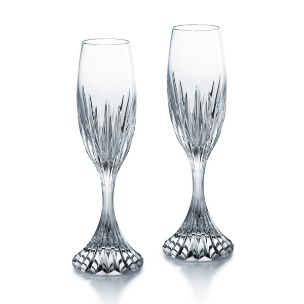 Shop Baccarat Masséna Flutes, Set of 2 at Kneen & Co. Crystal champagne flutes with signature deep bevel cuts by Georges Chevalier | Kneen & Co