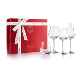 Baccarat Château Baccarat Dégustation Glasses Set featuring four handcrafted crystal tasting glasses presented in Baccarat's signature red gift box | Kneen & Co