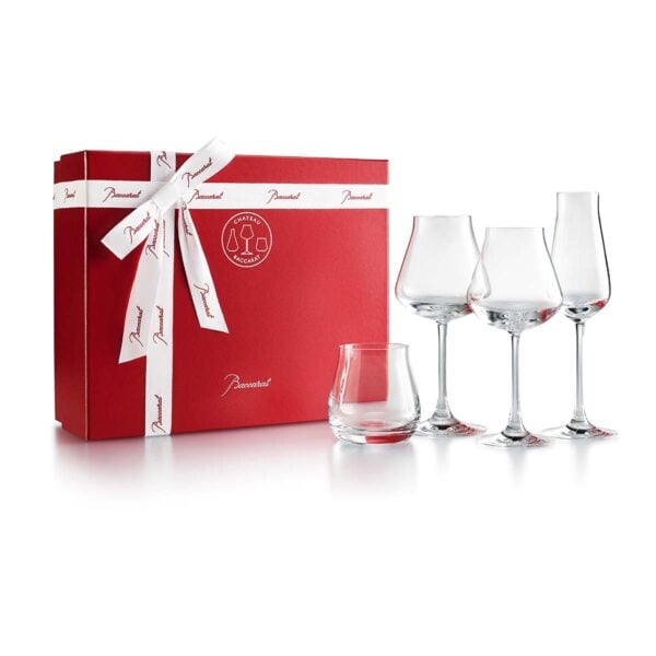 BACCARAT-2811925-White-Background-2-1200x1200-100KB Baccarat Château Baccarat Dégustation Glasses Set featuring four handcrafted crystal tasting glasses presented in Baccarat's signature red gift box | Kneen & Co