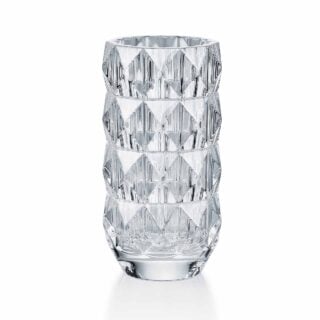 Baccarat Louxor Round Vase S featuring a rounded crystal silhouette with geometric diamond cuts and brilliant light-reflecting facets | Kneen & Co