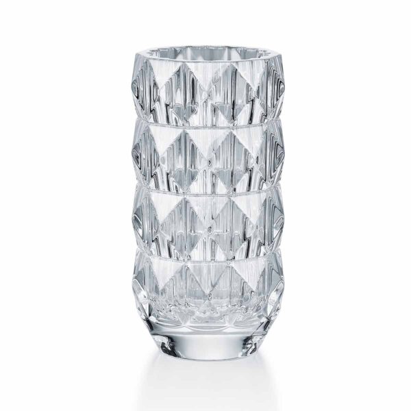 BACCARAT-2813291-White-Background-1200x1200-100KB Baccarat Louxor Round Vase S featuring a rounded crystal silhouette with geometric diamond cuts and brilliant light-reflecting facets | Kneen & Co