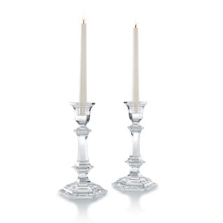 Baccarat Harcourt crystal candlesticks featuring the collection's signature hexagonal silhouette and sculptural architectural design | Kneen & Co