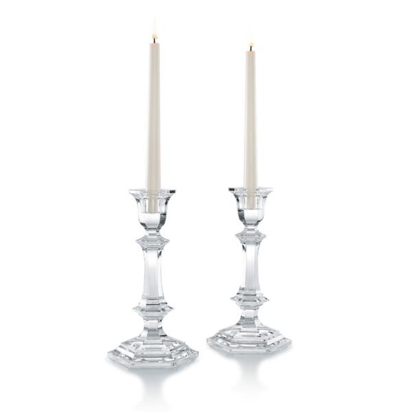 Baccarat Harcourt crystal candlesticks featuring the collection's signature hexagonal silhouette and sculptural architectural design | Kneen & Co