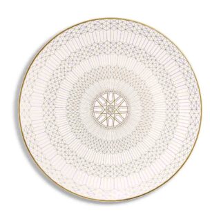 Baccarat Arcadia Gold & Platinum Charger Plate in white porcelain with an architectural geometric pattern and radiant gold and platinum detailing | Kneen & Co