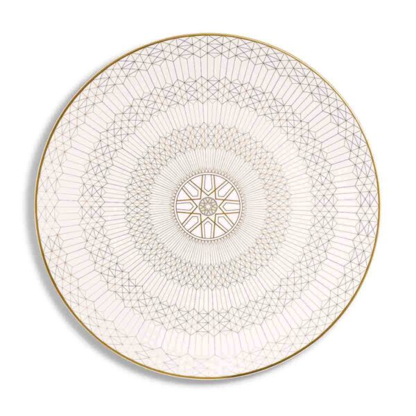Baccarat Arcadia Gold & Platinum Charger Plate in white porcelain with an architectural geometric pattern and radiant gold and platinum detailing | Kneen & Co