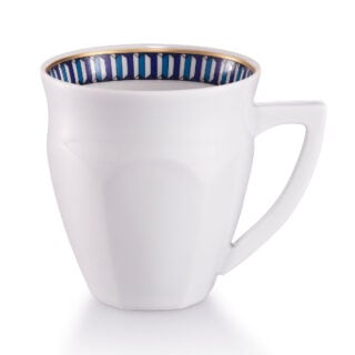Baccarat Arcadia Talleyrand Blue Mug in white porcelain with blue geometric patterning and gold detailing | Kneen & Co