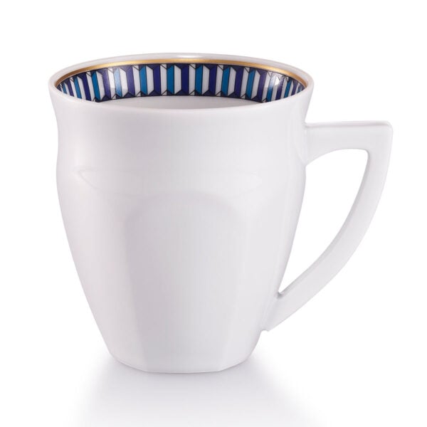 Baccarat Arcadia Talleyrand Blue Mug in white porcelain with blue geometric patterning and gold detailing | Kneen & Co