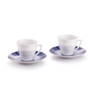 Baccarat Arcadia Talleyrand Blue Coffee Cups & Saucers, Set of 4, crafted from Limoges porcelain with blue geometric detailing and hand-applied gold accents | Kneen & Co