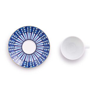 Baccarat Arcadia Talleyrand Blue Coffee Cups & Saucers, Set of 4, crafted from Limoges porcelain with blue geometric detailing and hand-applied gold accents | Kneen & Co