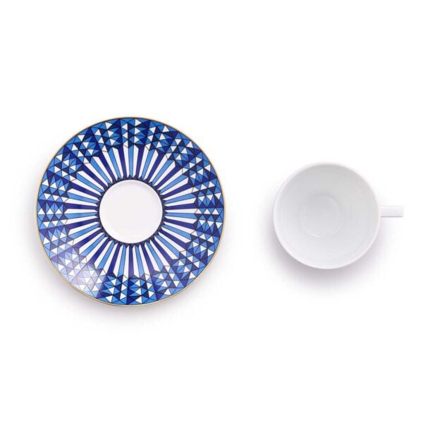 Baccarat Arcadia Talleyrand Blue Coffee Cups & Saucers, Set of 4, crafted from Limoges porcelain with blue geometric detailing and hand-applied gold accents | Kneen & Co