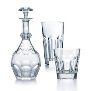 Baccarat Harcourt 1841 crystal barware collection featuring tumblers, highballs, whiskey glasses, and a decanter | Kneen & Co