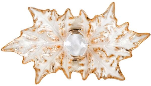 Top-down studio shot featuring the Lalique Champs-Élysées Large Bowl in clear and frosted crystal with a gold luster finish | Kneen & Co