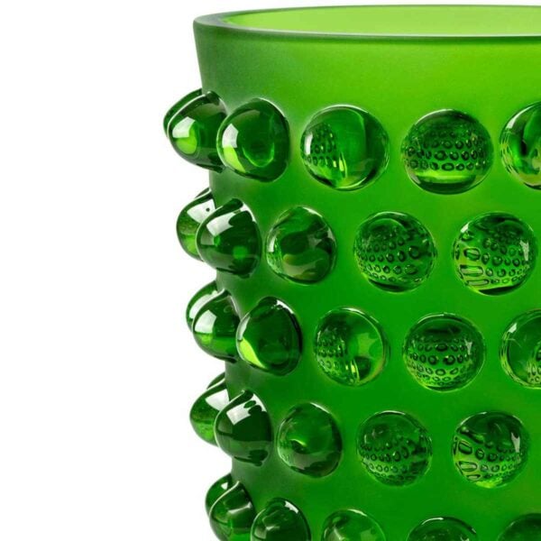 Close-up studio shot featuring the Lalique Mossi Vase in Amazon green crystal, highlighting the vibrant frosted finish and iconic clear cabochon details | Kneen & Co