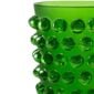 Close-up studio shot featuring the Lalique Mossi Vase in Amazon green crystal, highlighting the vibrant frosted finish and iconic clear cabochon details | Kneen & Co