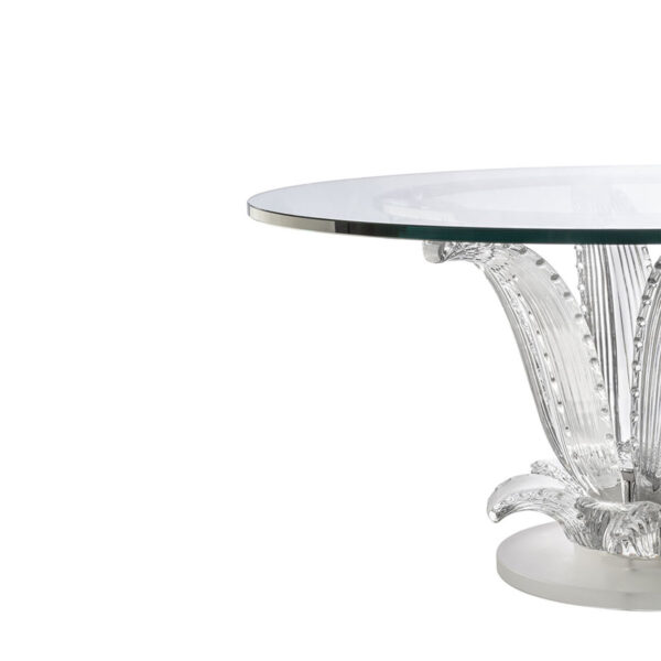 LALIQUE-Nmbr10747800-Cactus-Coffee-Table-without-top-1200w-100KB Studio product shot featuring the Lalique Cactus Table with a clear crystal base and glass top, highlighting its ribbed, organic leaf details | Kneen & Co