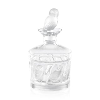 Lalique Owl Decanter handcrafted in clear crystal with sculptural owl stopper | Kneen & Co