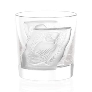 Lalique Owl Cordial Tumbler handcrafted in clear crystal with sculpted owl motif | Kneen & Co