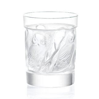 Lalique Owl Old Fashion Tumbler handcrafted in clear crystal with sculpted owl motif | Kneen & Co