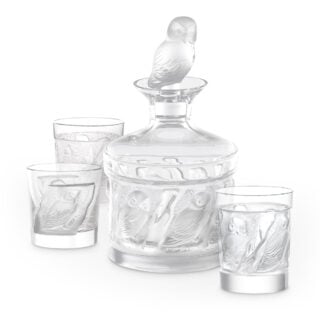 Lalique Owl Collection featuring handcrafted crystal decanter and tumblers with sculpted owl motifs | Kneen & Co | Kneen & Co