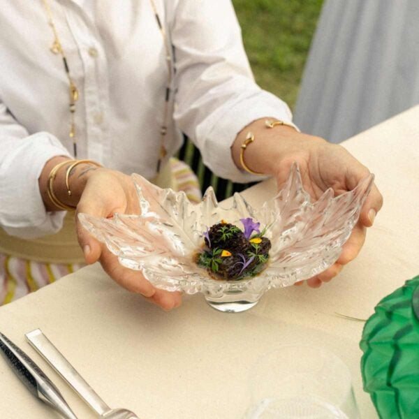 Elegant outdoor dining setting featuring the Lalique Champs-Élysées Small Bowl in clear crystal | Kneen & Co