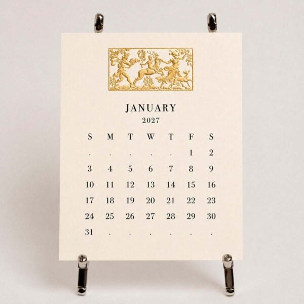 Shop the Printery 2027 Calendar Refill - Ecru, with black text and twelve motifs engraved in gold at Kneen & Co.