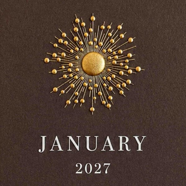 The Printery 2027 Calendar - Espresso, white text with starburst engraved in gold | Kneen & Co