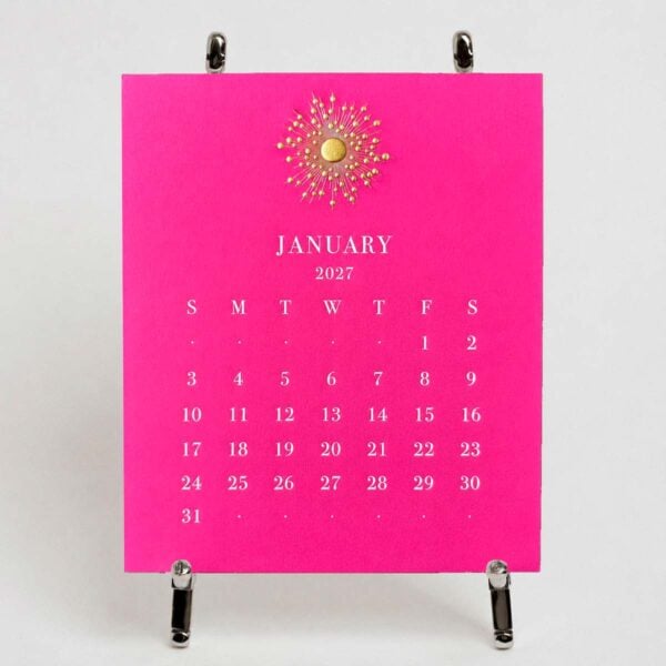 The Printery 2027 Calendar - Hot Pink, white text with starburst engraved in gold | Kneen & Co