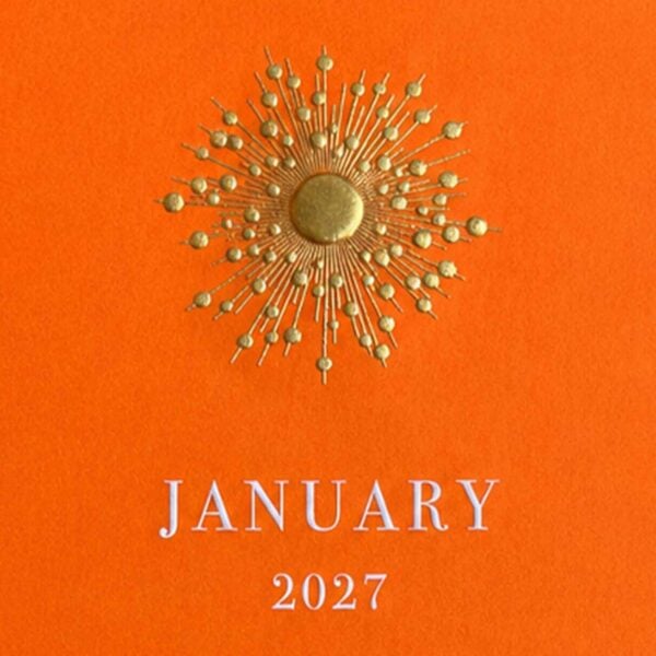 The Printery 2027 Calendar - Orange, white text with starburst engraved in gold | Kneen & Co