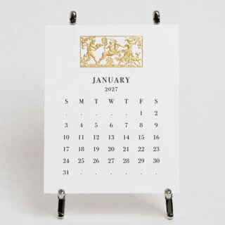 The Printery 2027 Calendar - White, black text with twelve motifs engraved in gold | Kneen & Co