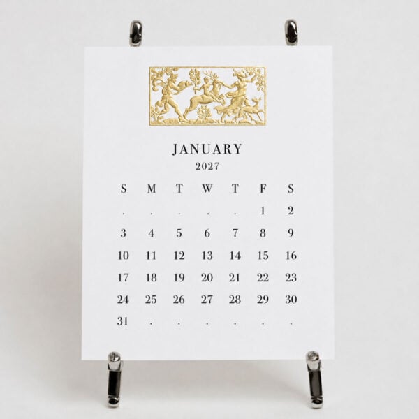 The Printery 2027 Calendar - White, black text with twelve motifs engraved in gold | Kneen & Co